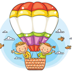 otroci-2 (1) 45964529 - happy cartoon kids travelling by air with copy space across the balloon