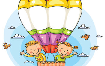 45964529 - happy cartoon kids travelling by air with copy space across the balloon